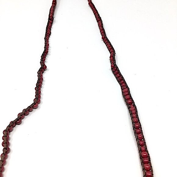 Boho Red Beaded Bracelet Wrapped on Waxed Linen with Silver Toned Button Closure - Picture 9 of 13